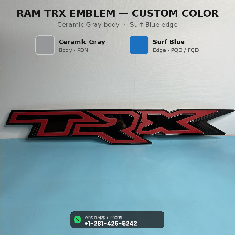 Custom Color Ram TRX Grille Emblem — Ceramic Gray + Surf Blue